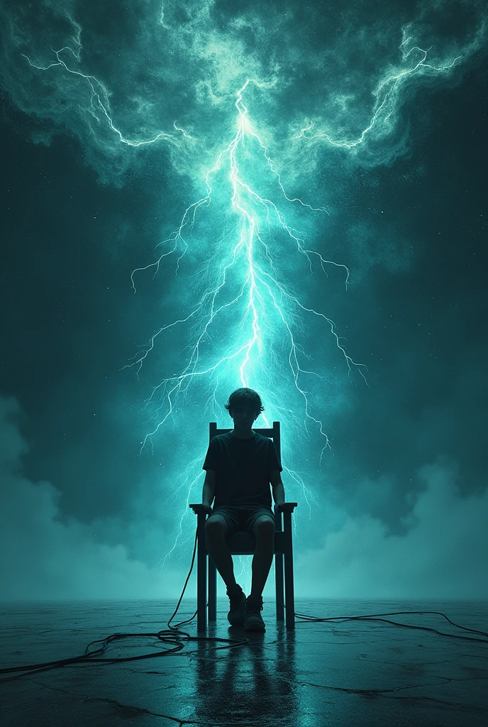 mythological shapeshifting Dark galaxy Thunders and dark galaxy like background and a a teenage boy dressed as a emo boy whose face is casted by a shadow is sitting on a death chair facing backwards getting electrocuted in a dark galaxy background, the ground is plain plain reflecting the thunders and clouds, author:Zdzislaw Beksinski和Van Gogh, album covers, dark, surrealism, Futuristic , Heavy Metal, liquid, coral, abstracted, Dark, Blue, Cyan, Green, Dark, faded, landscape