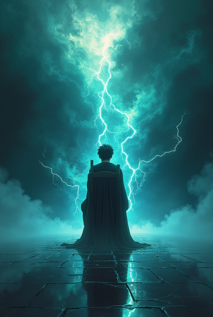 mythological shapeshifting Dark galaxy Thunders and dark galaxy like background and a a teenage boy dressed as a emo boy whose face is casted by a shadow is sitting on a death chair facing backwards getting electrocuted in a dark galaxy background, the ground is plain plain reflecting the thunders and clouds, author：Zdzislaw Beksinski和Van Gogh, album covers, dark, surrealism, Futuristic , Heavy Metal, liquid, coral, abstracted, Dark, Blue, Cyan, Green, Dark, faded, landscape