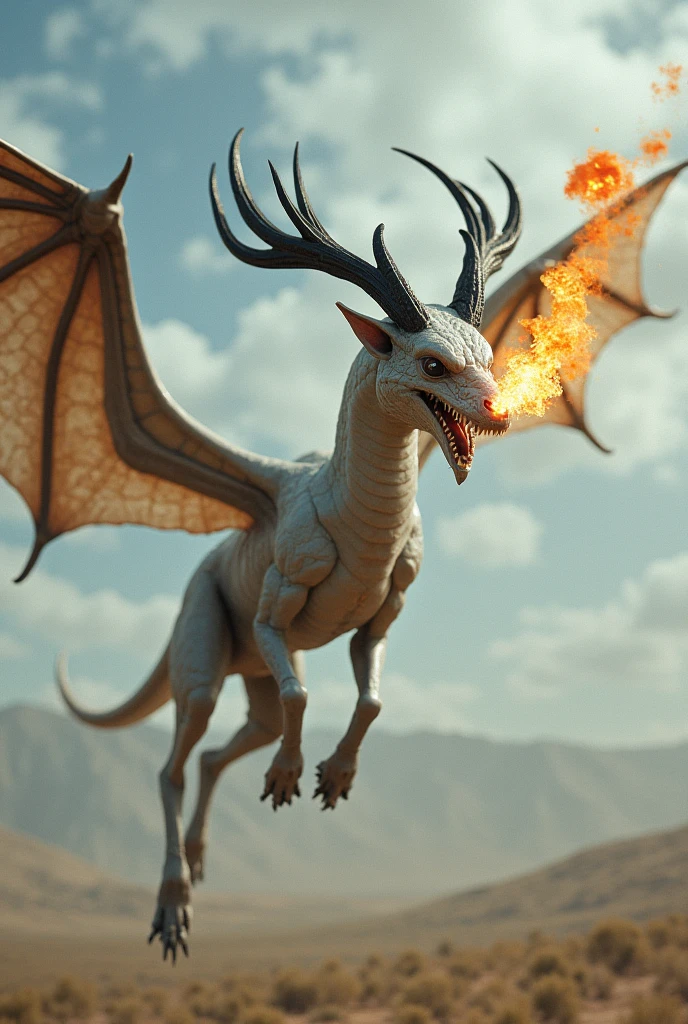 Bat with dragon wings, white scales, deer antlers, black horns, 20 horns, sharped teeth, breathing fire, flying through the sky, muscled body, long face, ferocious, black eyes,