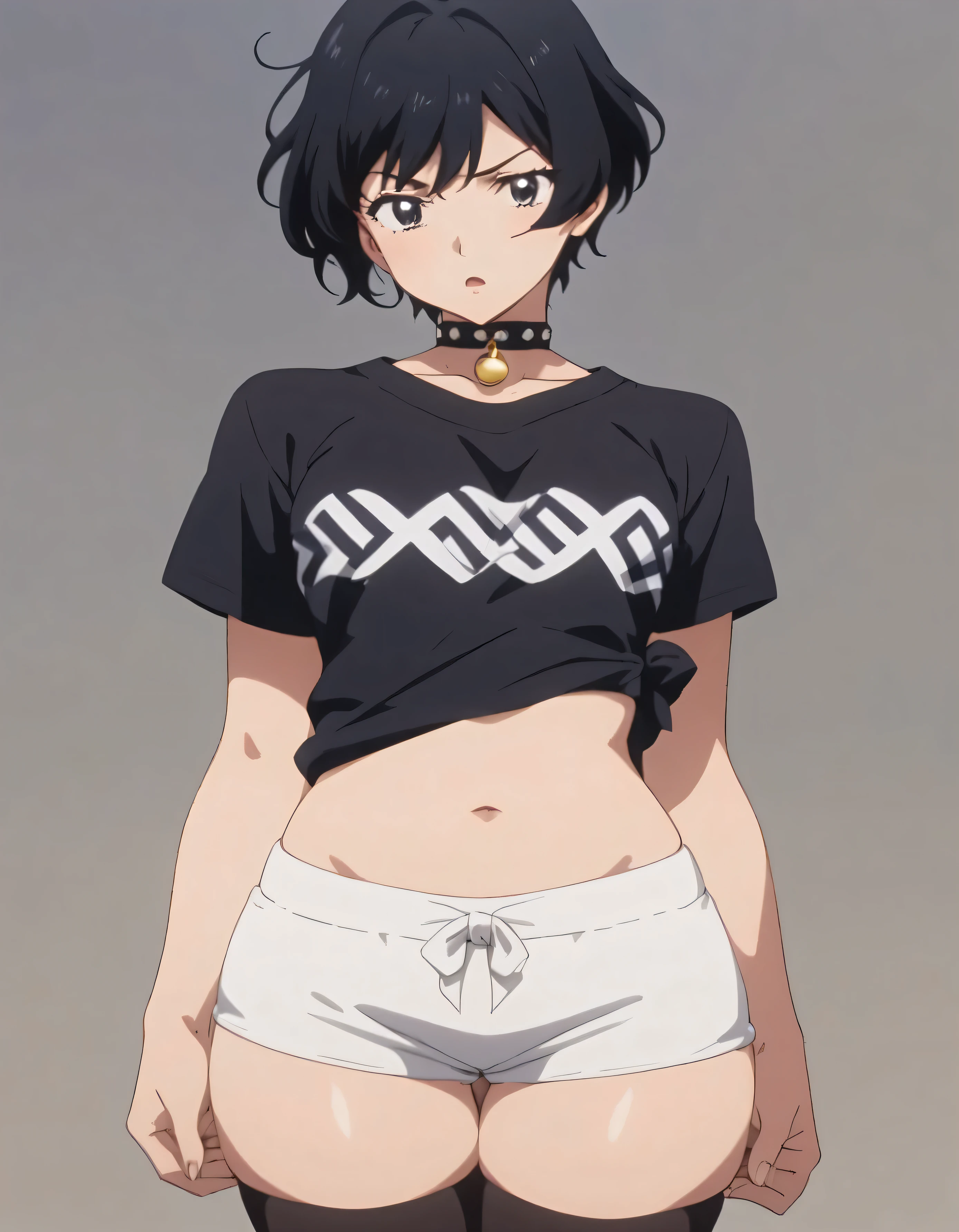une femme dans sa chambre de son appartement vêtue d'un chemisier noir et d'un short blanc avec un collier ras de cou, anime tout le corps illustration, tout le corps
