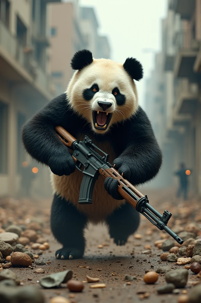 A panda in a war zone shooting in AR while screaming