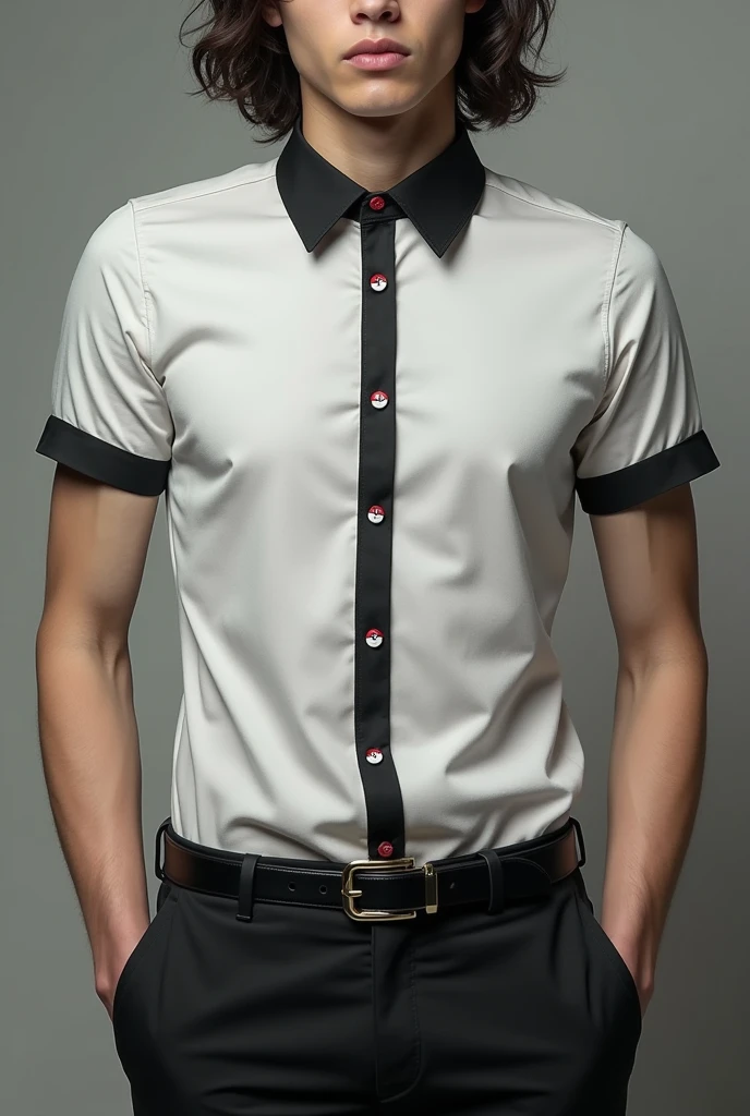 Men's formal shirt with a we put on theme, that looks serious, but it has elements like a pokeball , It can be on the buttons, short sleeve