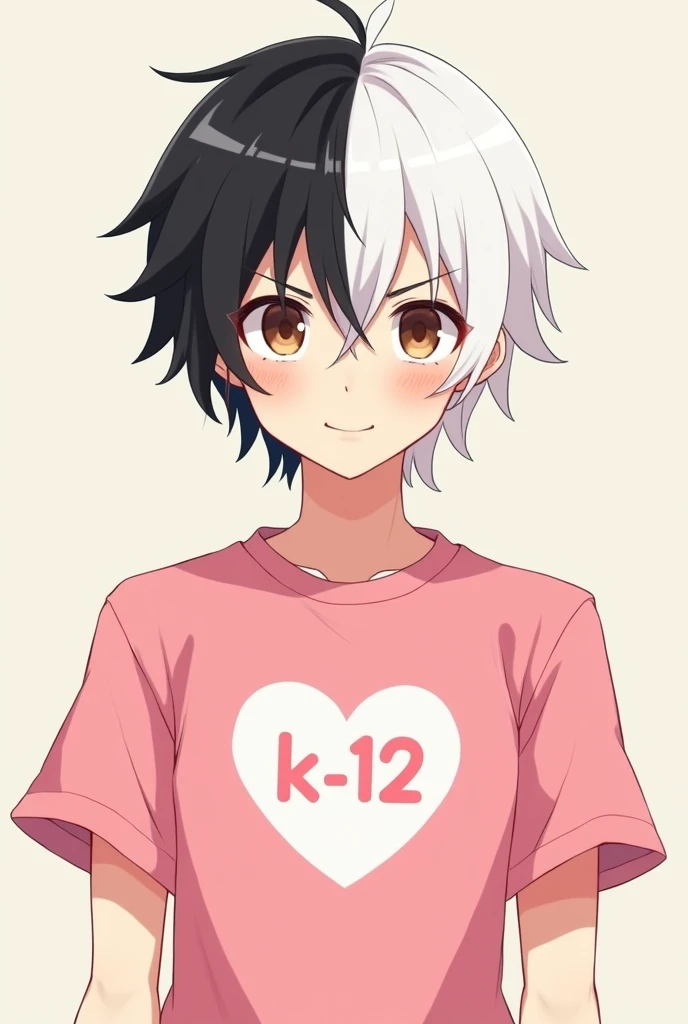 Gender:male style:male anime Body:skinny and without breasts Skin: Clear Eyes: Brown Hair: divided in half, with one side black and the other white Shirt: Pink with puff sleeves, with a heart written in front "k-12"