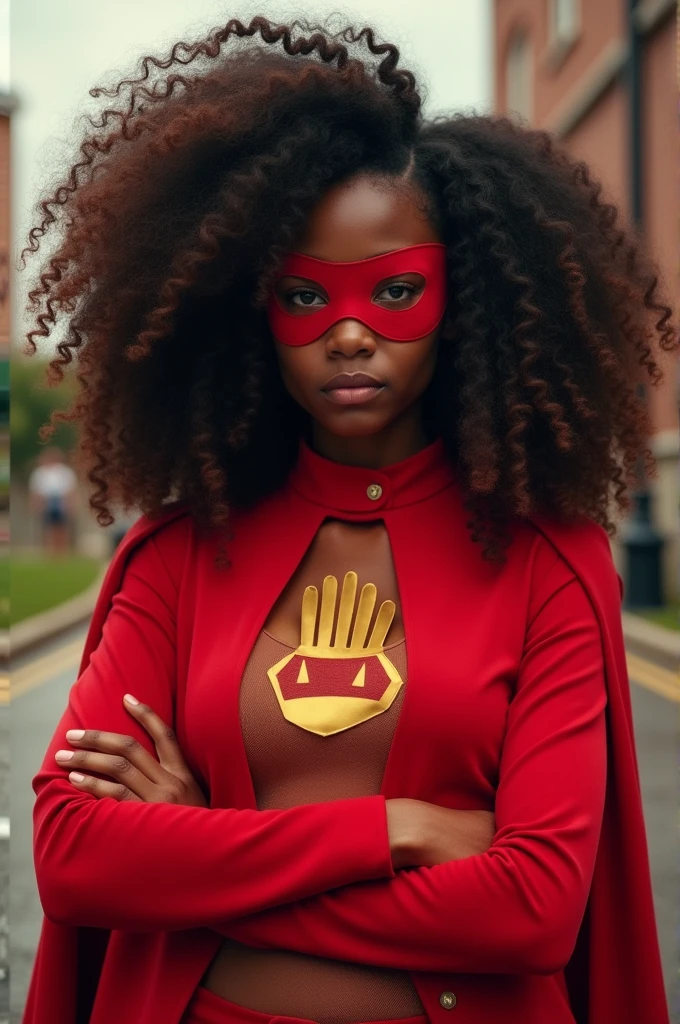 Curl hair. Beautiful teen Kenyan woman. Hero outfit color red. She wears a mask. She wears a jacket but make it heroic outfit. Hand logo on her hero outfit. Realistic 