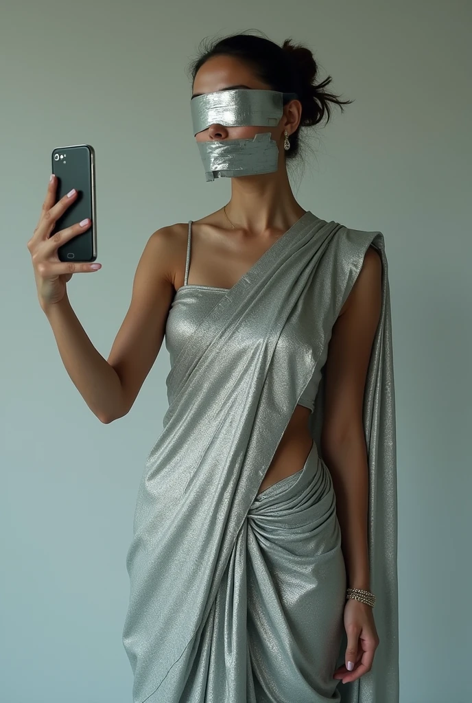 Aesthetic girl blindfolded Duct tape gagged in silver shimmering saree taking selfie