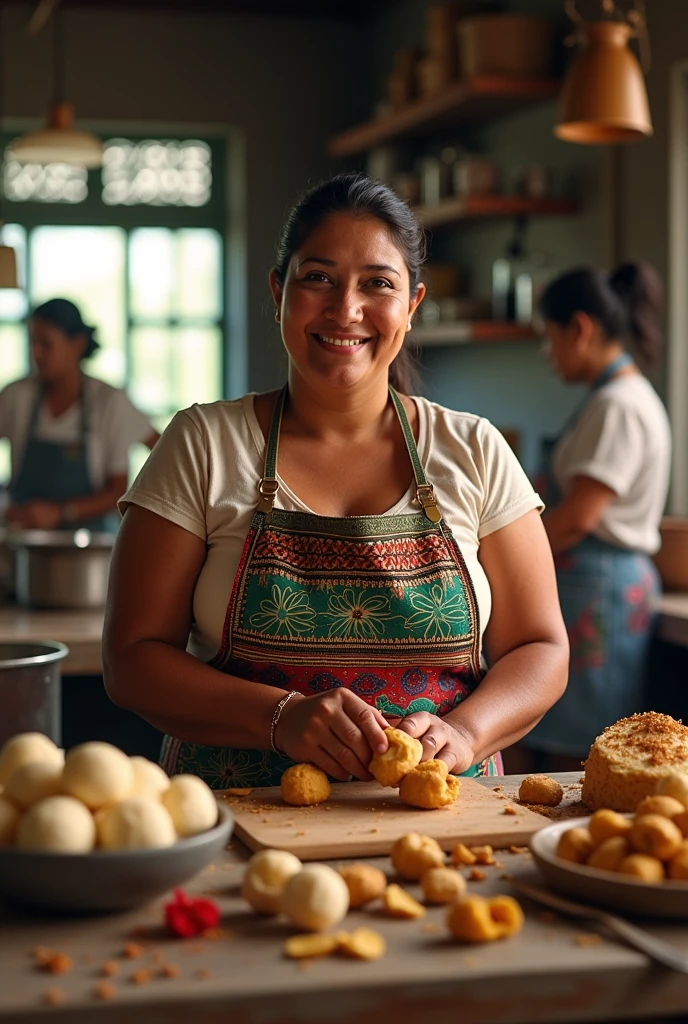 I need you to generate a very realistic image of a lady around 40 to 50 years old of Nicaraguan nationality who is dedicated to preparing traditional Nicaraguan sweets and who is making, for example, coconut cajeta., milk candy among other sweets from Nicaragua and that has kitchen assistants