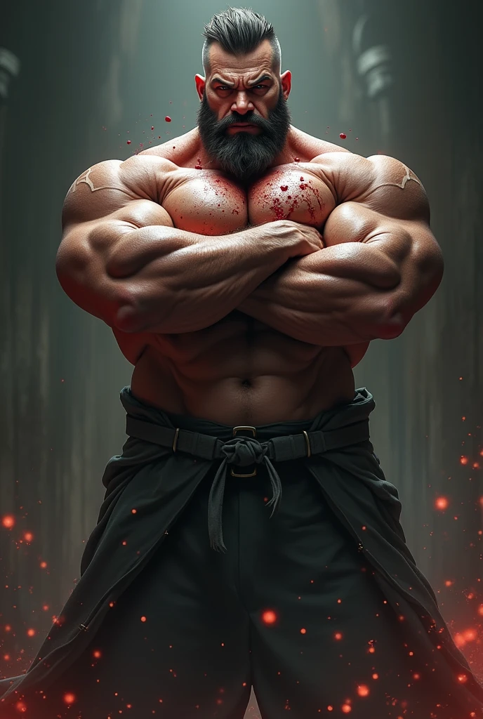 Bodybuilder, best quality, anger vein, salvia, facial hair, textured skin. Handsome、Military Hair、Full body image、Drooling、Westerners、Blonde Hair、body flexing pose、Tan Skin、bulk, Bear-like body、Massive chest plate、Screaming、sexy , Demon King、Stained with evil、Fell into darkness、Intimidating、Overbearing、chest flex,Short hair, brown skin, Cross your arms、Chubby、Huge pectoral muscles、(Muscular)、 Muscular々, erotic、bulk body, beefy, muscle vein, pose, big arms, 