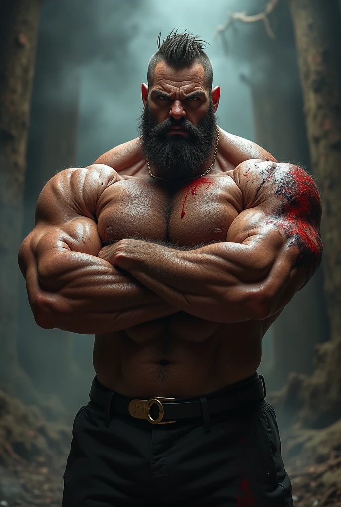 Bodybuilder, best quality, anger vein, salvia, facial hair, textured skin. Handsome、Military Hair、Full body image、Drooling、Westerners、Blonde Hair、body flexing pose、Tan Skin、bulk, Bear-like body、Massive chest plate、Screaming、sexy , Demon King、Stained with evil、Fell into darkness、Intimidating、Overbearing、chest flex,Short hair, brown skin, Cross your arms、Chubby、Huge pectoral muscles、(Muscular)、 Muscular々, erotic、bulk body, beefy, muscle vein, pose, big arms,