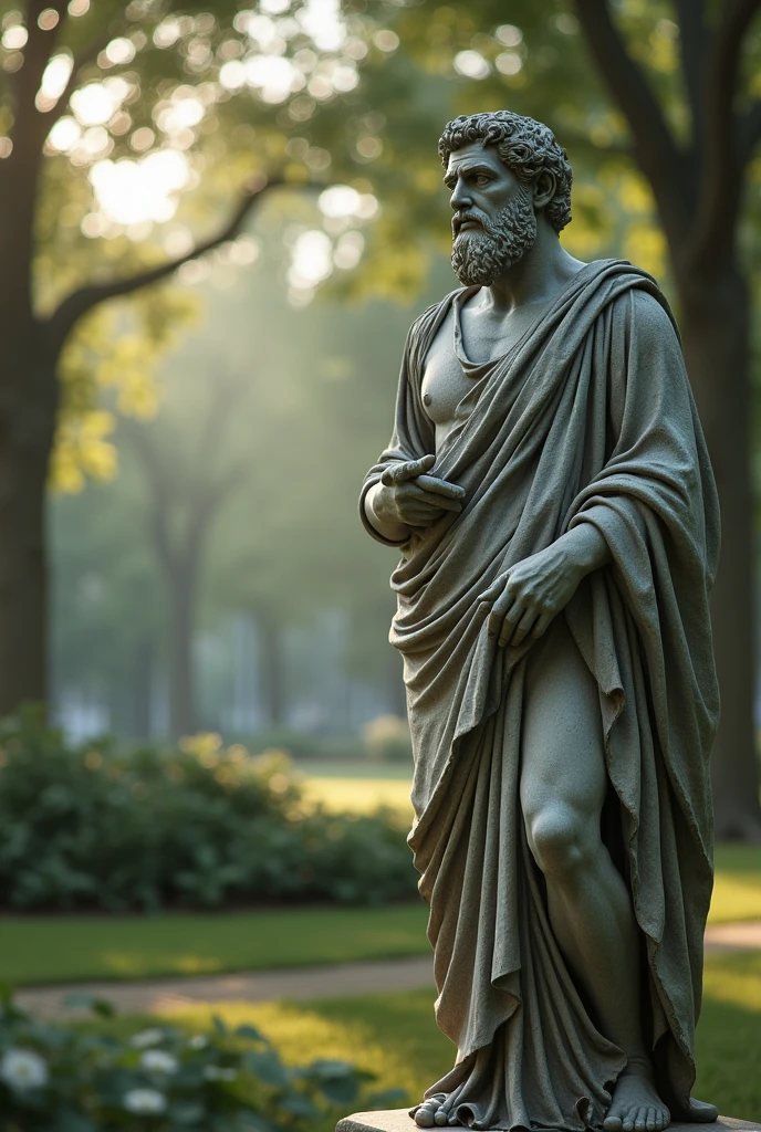 A serene and calming background featuring an ancient Greek philosopher statue, like Marcus Aurelius, in a park with soft sunlight filtering through trees. The statue has a thoughtful expression, symbolizing wisdom and introspection. In the foreground, there are delicate white text overlays that say "How Stoicism Can Improve Your Relationships" in an elegant font.