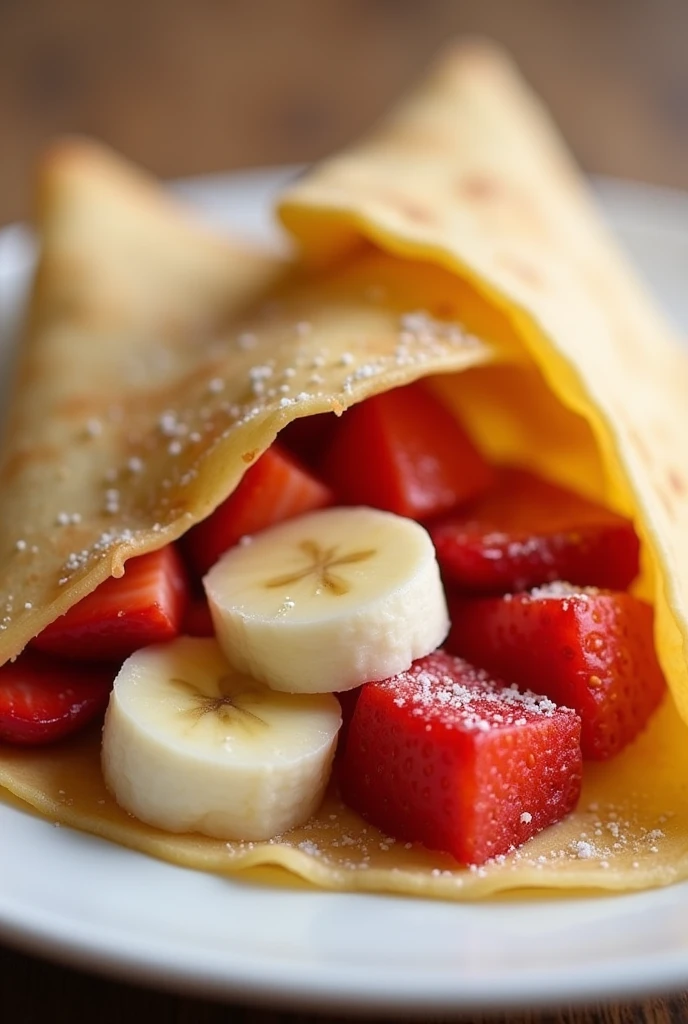 a crepe with banana inside and strawberries cut into cubes