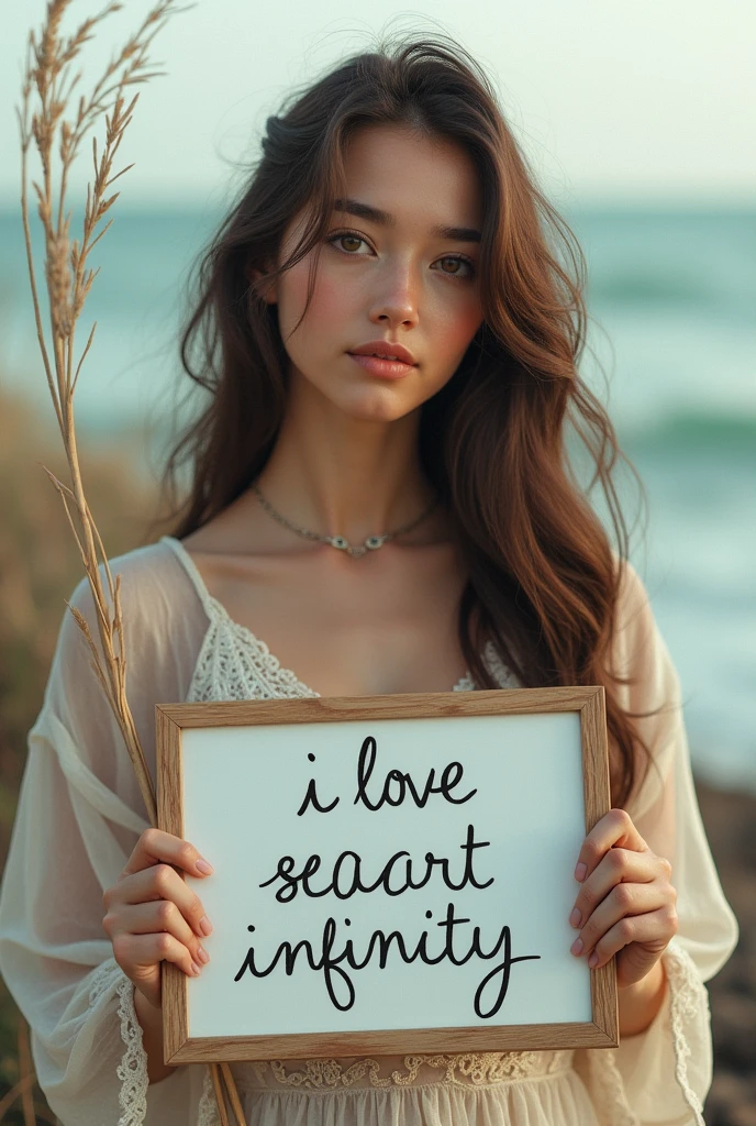 Beautiful girl with wavy long hair, bohemian dress, holding a white board with text "I Love Seaart Infinity" and showing it to the viewer