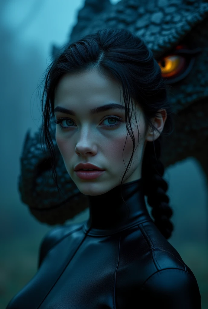 Close-up image, night background a dark thunderstorm, black and phosphorescent blue light, of an extremely beautiful woman, grayish eyes, black hair braided on the side , dressed in a leather turtleneck shirt, and a BIG dragon with golden eyes 