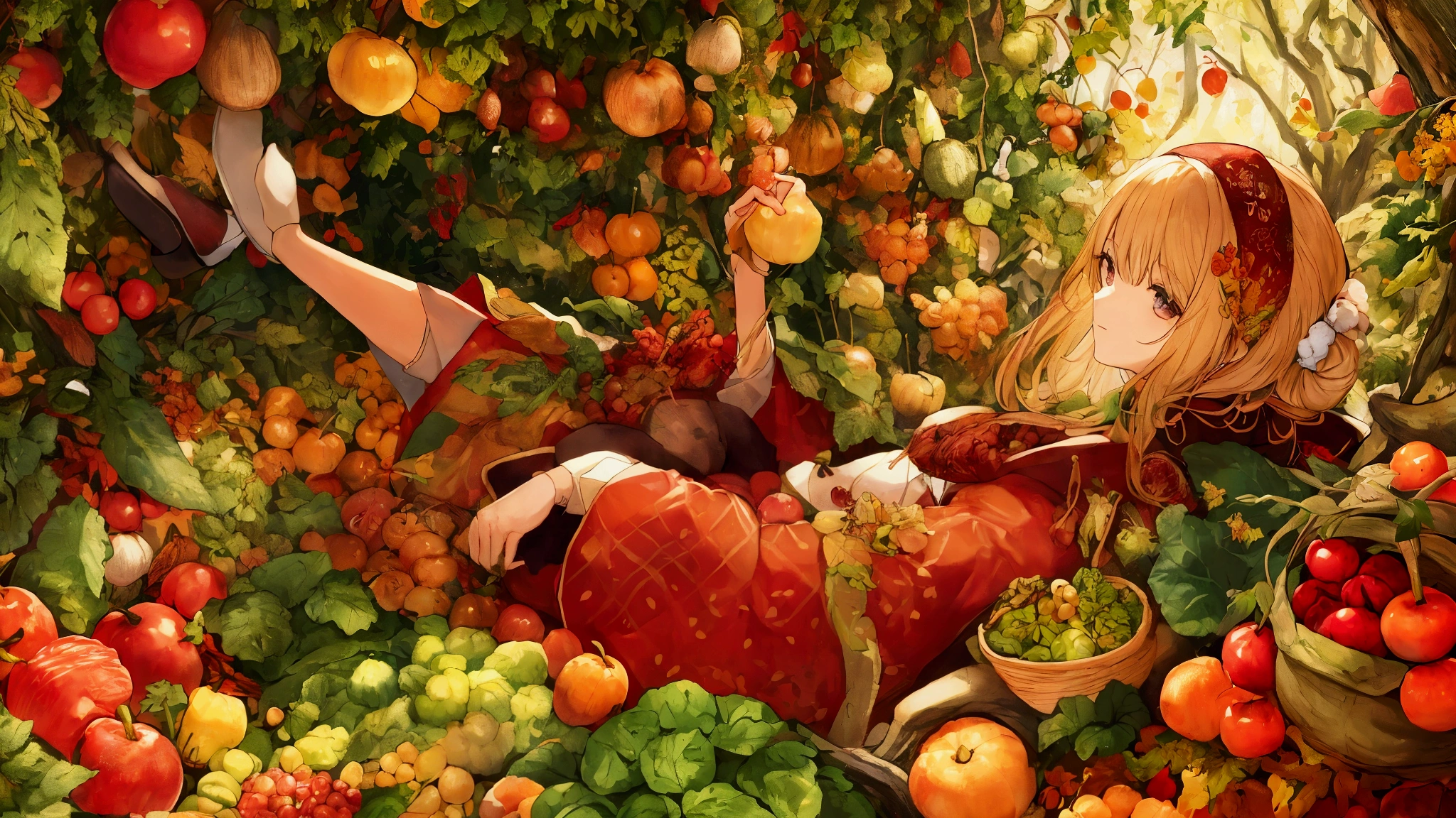 In autumnn forest a lot of autumnn vegetables ,and fruits