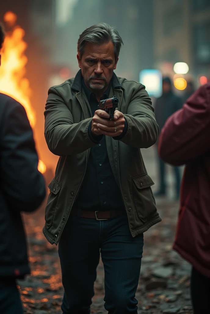 a 30 years men. he has 3 people in front of him. he shoots 2 people from his left just now. and now he is targeting 3rd one who also in front of him. all the scenario, we are seeing from shoulder level shot