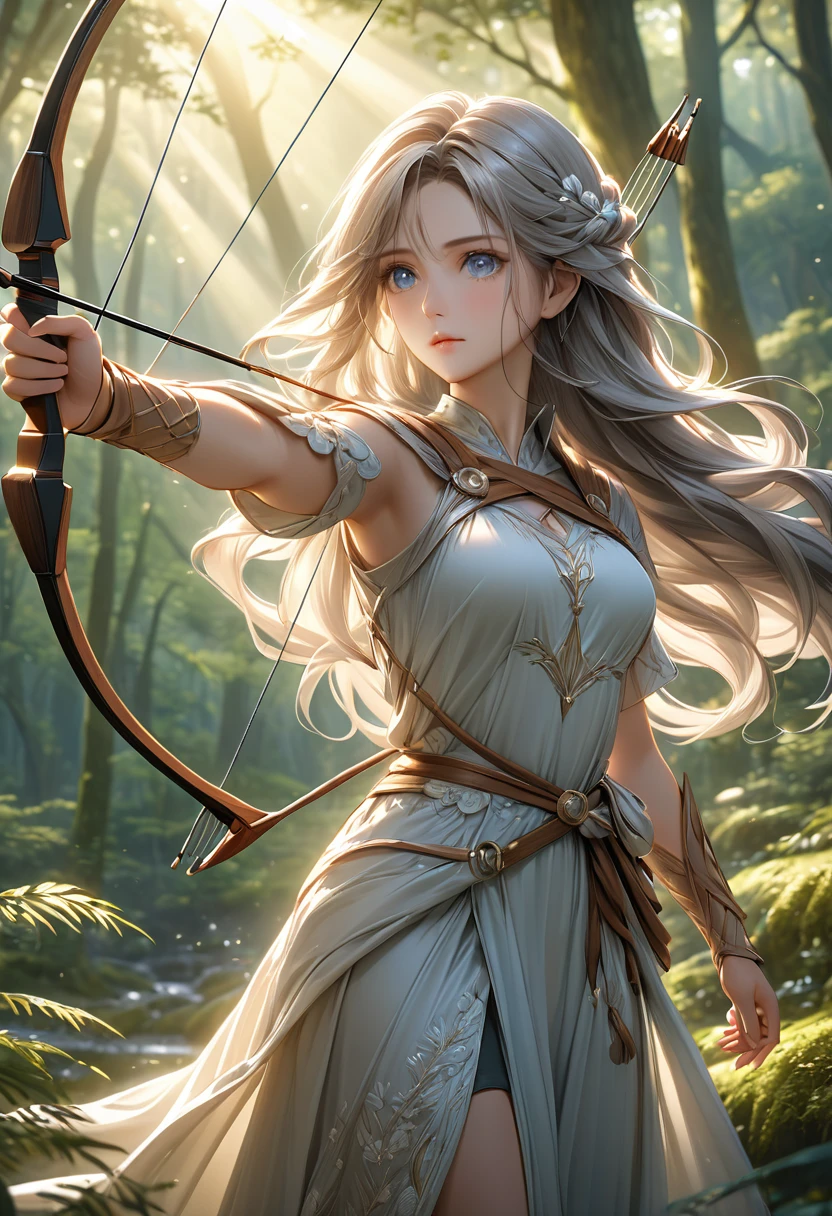 Beautiful female archer, holding a bow, Delicate face, beautiful eyes, Detailed facial features, Flowing long hair, Elegant Posture, Fantasy Landscape, Dense forest, Sunlight through the trees, Soft tones, Dramatic Lighting, Film composition, number, Extremely detailed, (best quality,4K,8K,high resolution,masterpiece:1.2),Extremely detailed,(Practical,photoPractical,photo-Practical:1.37)