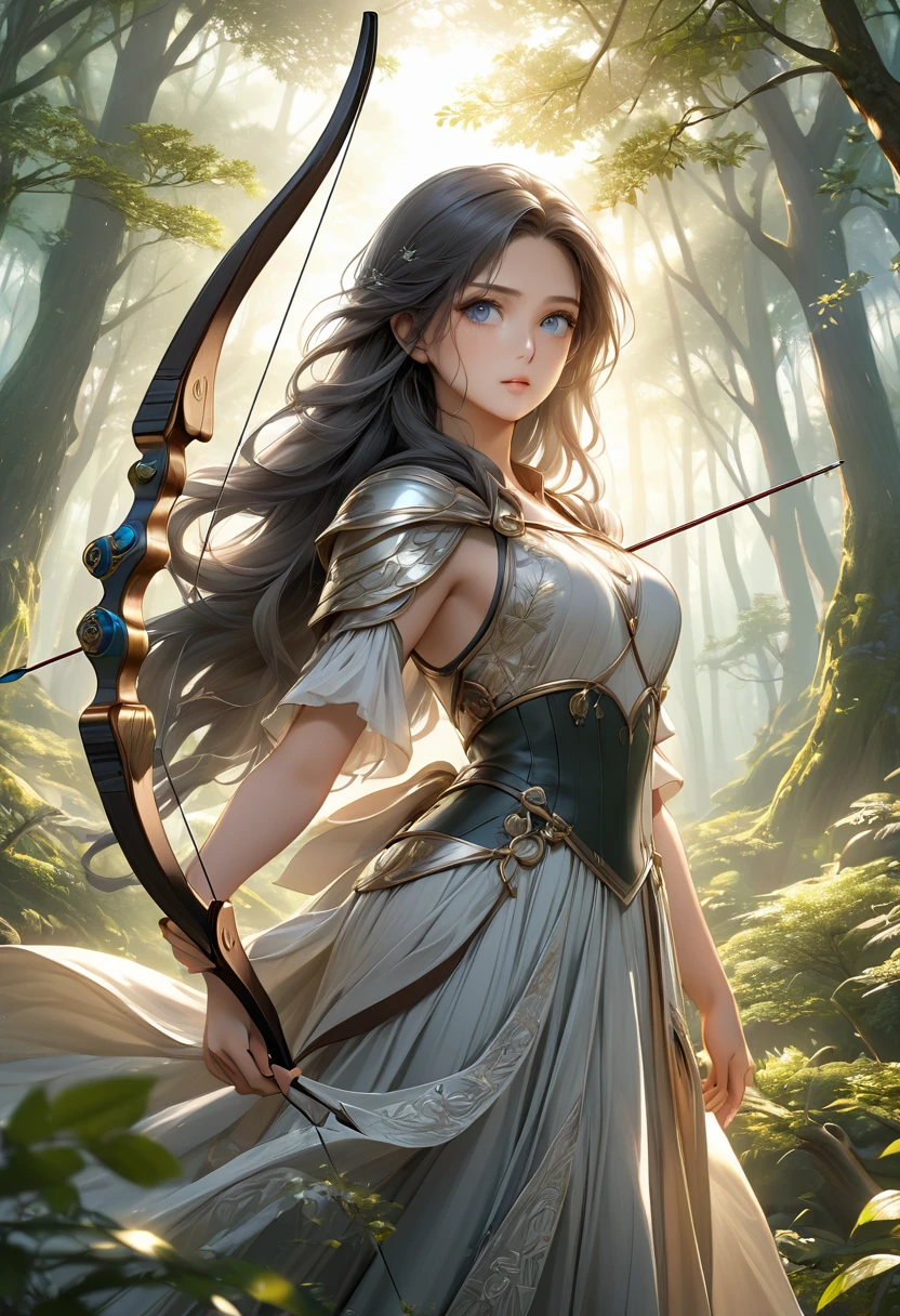 Beautiful female archer, holding a bow, Delicate face, beautiful eyes, Detailed facial features, Flowing long hair, Elegant Posture, Fantasy Landscape, Dense forest, Sunlight through the trees, Soft tones, Dramatic Lighting, Film composition, number, Extremely detailed, (best quality,4K,8K,high resolution,masterpiece:1.2),Extremely detailed,(Practical,photoPractical,photo-Practical:1.37)