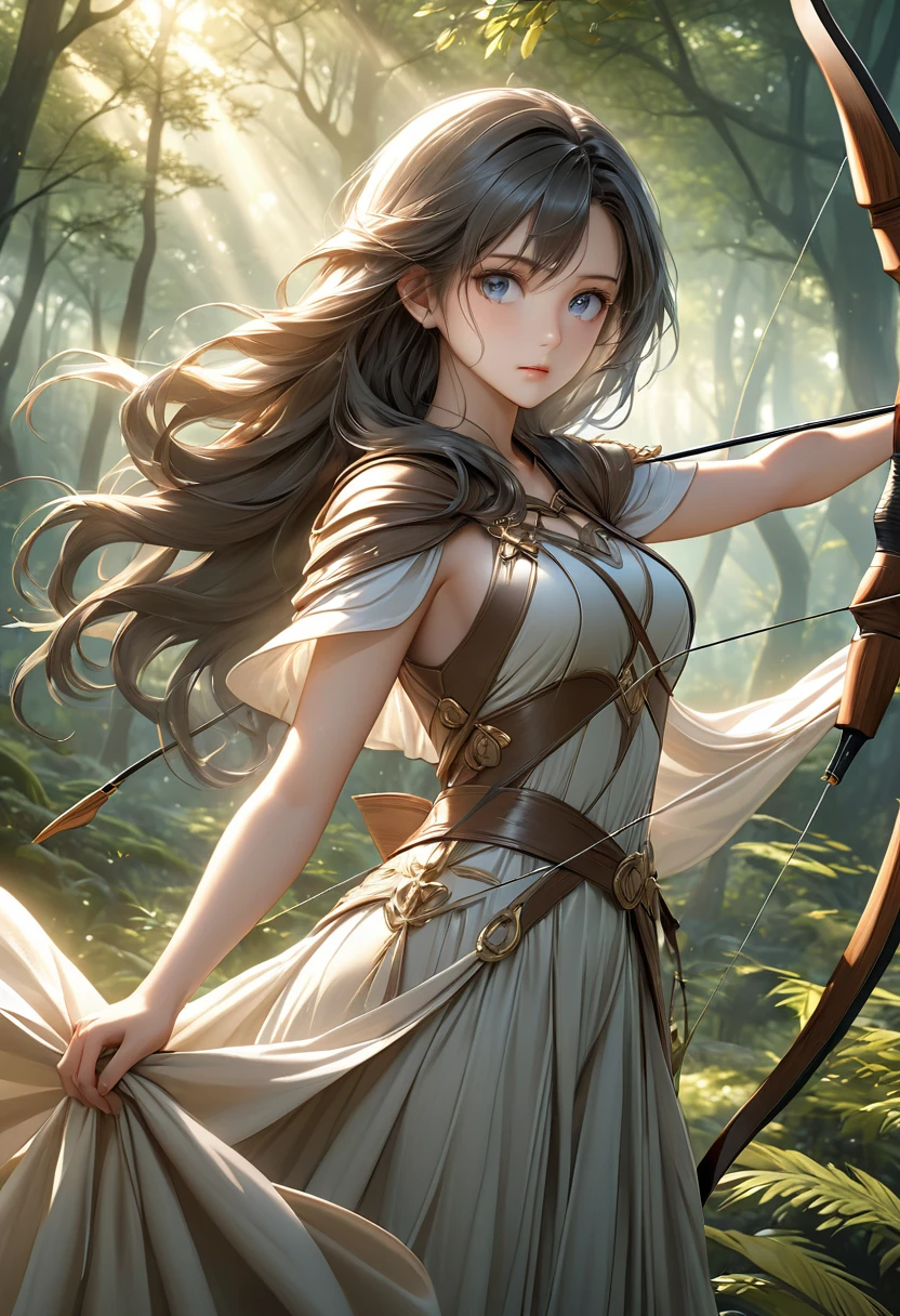 Beautiful female archer, holding a bow, Delicate face, beautiful eyes, Detailed facial features, Flowing long hair, Elegant Posture, Fantasy Landscape, Dense forest, Sunlight through the trees, Soft tones, Dramatic Lighting, Film composition, number, Extremely detailed, (best quality,4K,8K,high resolution,masterpiece:1.2),Extremely detailed,(Practical,photoPractical,photo-Practical:1.37)