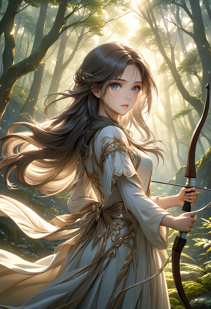 Beautiful female archer, holding a bow, Delicate face, beautiful eyes, Detailed facial features, Flowing long hair, Elegant Posture, Fantasy Landscape, Dense forest, Sunlight through the trees, Soft tones, Dramatic Lighting, Film composition, number, Extremely detailed, (best quality,4K,8K,high resolution,masterpiece:1.2),Extremely detailed,(Practical,photoPractical,photo-Practical:1.37)