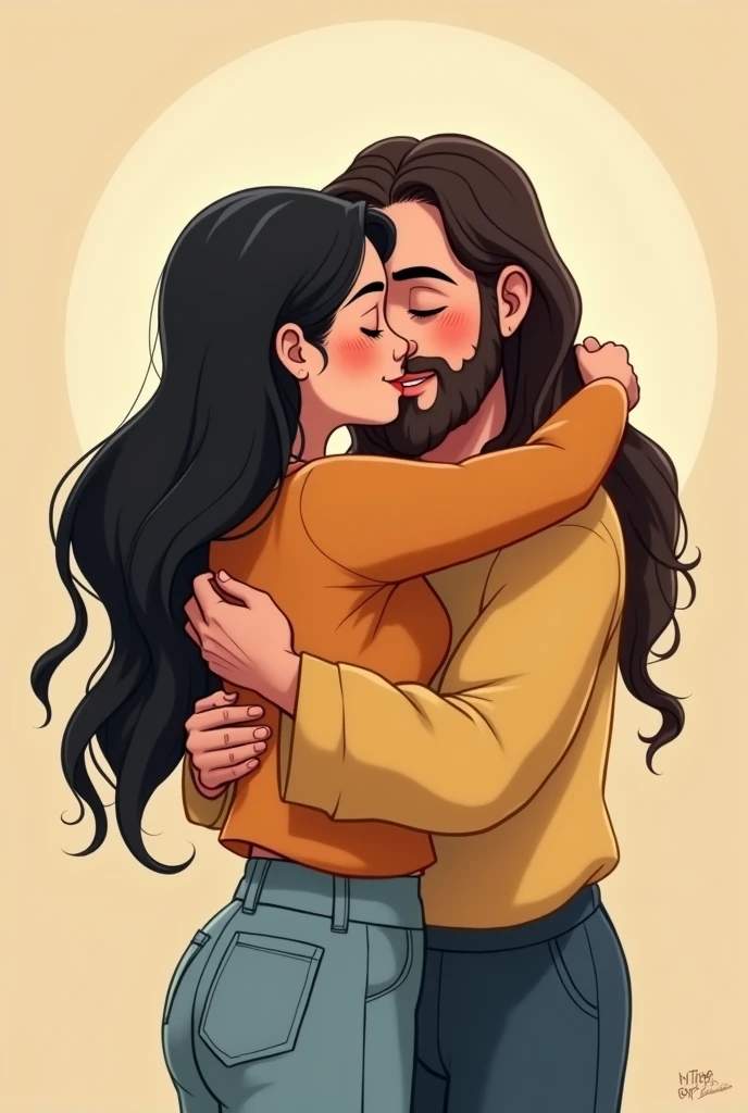 Create a cartoon of a woman with long black hair, Round face, round nose with a mustard-colored blouse and jeans standing hugging Jesus Christ 
