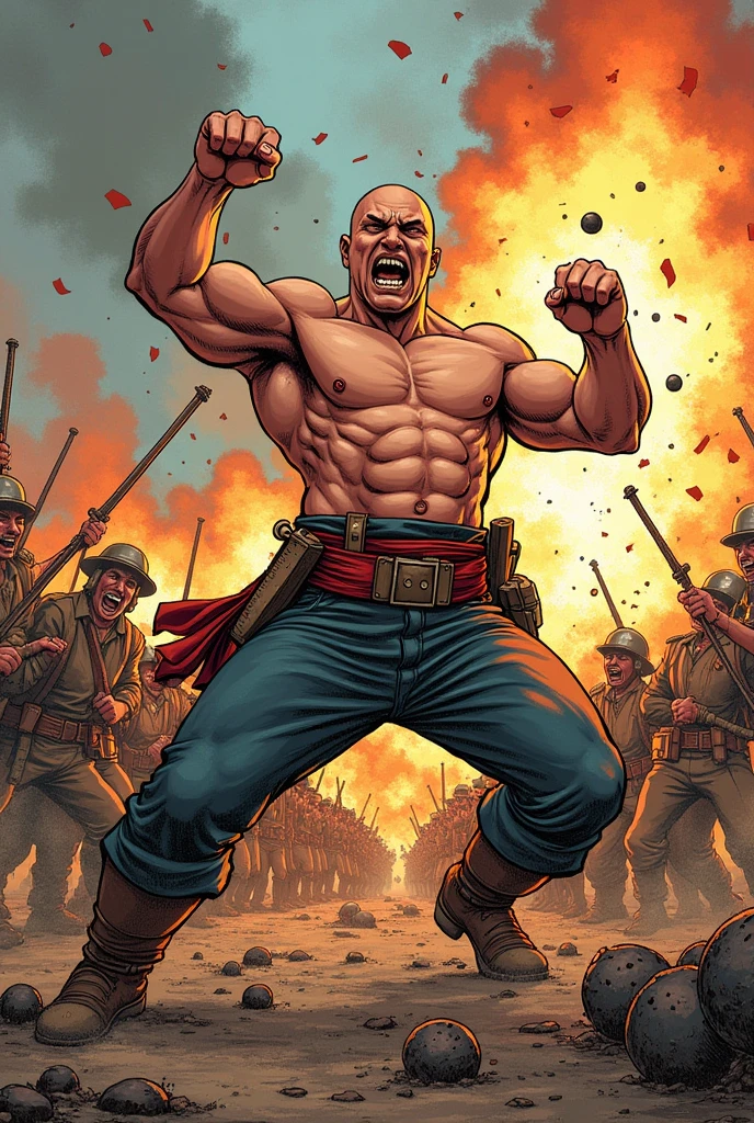 a bald man taking a FULL hit from a cannonball in the belly, too strong, with a good point of view to capture the full impact of the blow (manga art style) (hand drawn) (dynamic point of view)