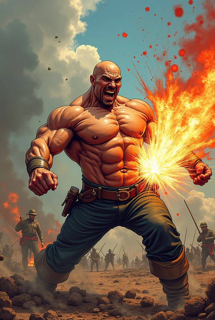 a bald man taking a FULL hit from a cannonball in the belly, too strong, with a good point of view to capture the full impact of the blow (manga art style) (hand drawn) (dynamic point of view)