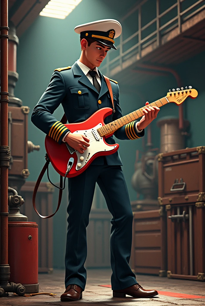 An young handsome captain playing an electric guitar in a kargo
ship wearing his outfit,3d pixel, vivid colour,realistic