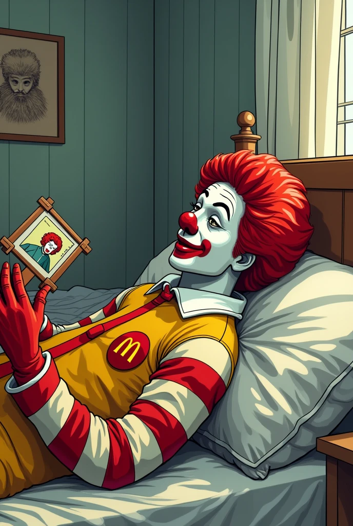 image of Ronald McDonald lying on a bed, holding and looking at a framed photo with the camera angle to the side. The image must be in comic book style