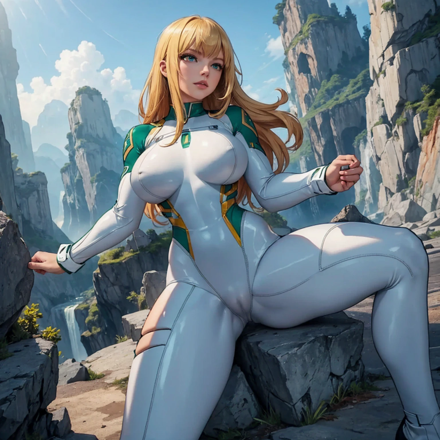 Yelan with Alice suit  translúcido plástico transparente, best quality ,mesmerizingly beautiful ciano white zero suit samus aran, latex clothing, deserted green planet landscape, planet in the sky green, friendly, inviting, looking at viewer, muscular arms, muscular abs, athletic body, pussy, huge breasts, detailed, raw photo, photorealistic, professional photograph, attractive, stunning, cinematic, intricate, artistic, highly complimentary colors, perfect composition red blue green white