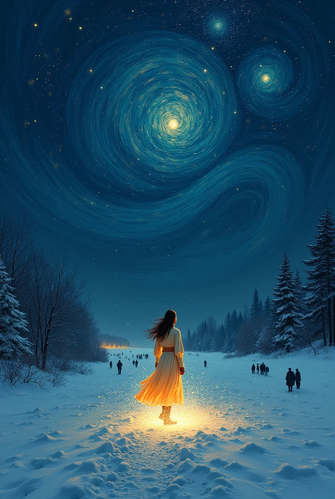 Snowing and windy Night with stars like Van Gogh's starry night many human dark silhouettes in the distance and a woman emanating light from her chest It's easy to be one more in the darkness.
The difficult thing is to be one in the true light