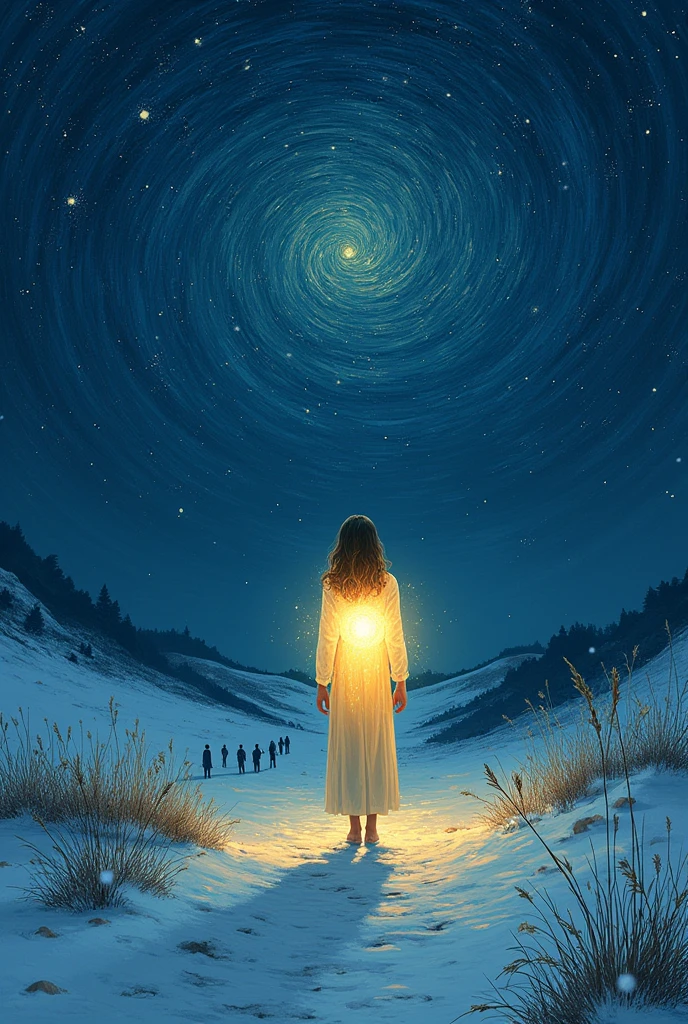 Snowing and windy Night with stars like Van Gogh's starry night many human dark silhouettes in the distance and a woman emanating light from her chest It's easy to be one more in the darkness.
The difficult thing is to be one in the true light