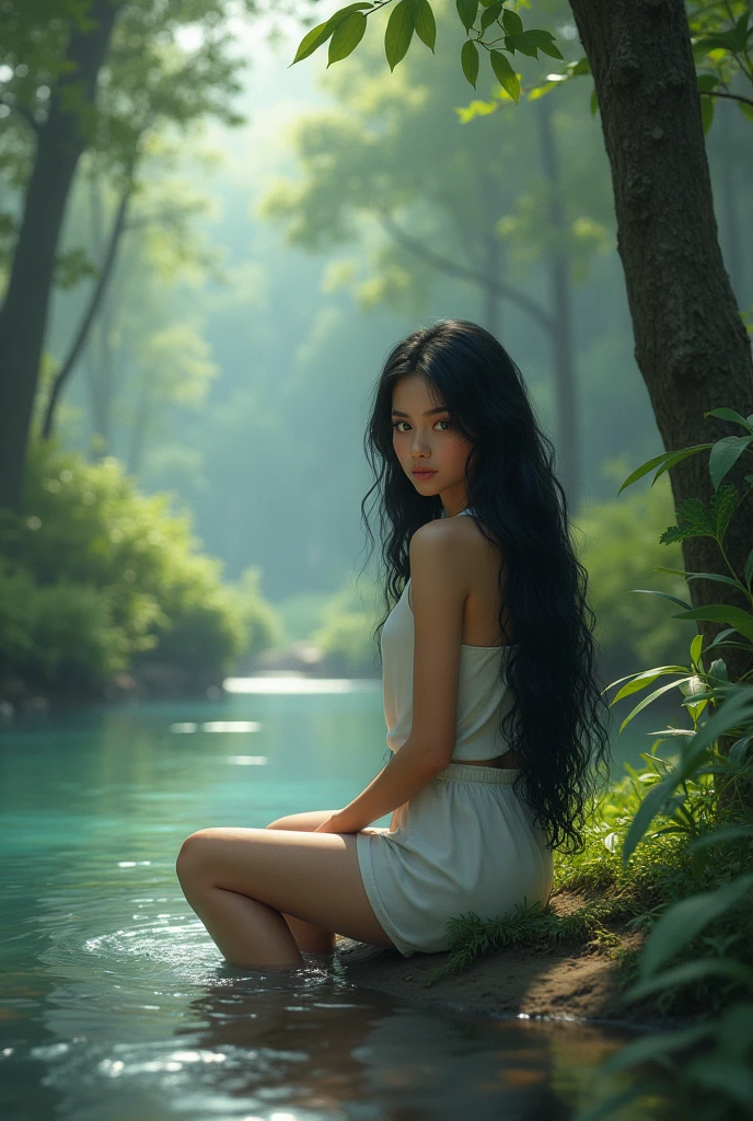Woman (Teenager) of the big straight hair in the creek