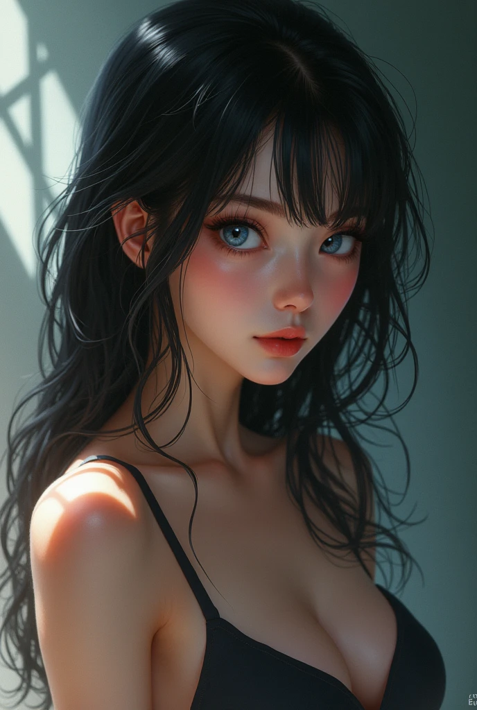 (masterpiece:1.4, best quality), (intricate details), unity 8k wallpaper, ultra detailed, beautiful and aesthetic, perfect lighting, (1girl), (blacl hair, blue eyes, medium breasts),, dynamic pose, dynamic angle, slim, slim body, medium breasts, , detailed background, realistic, solo, perfect detailed face, detailed eyes, highly detailed, rolling_eyes,