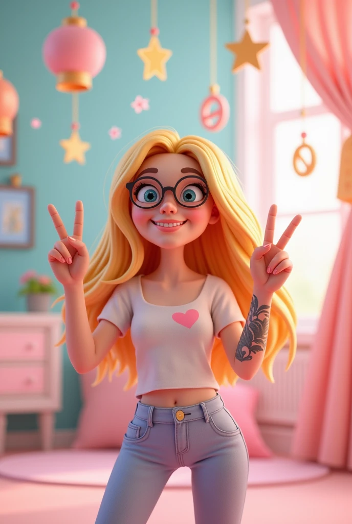 A 3D render of a cheerful female character with blonde hair, blue eyes, and a heart-shaped tattoo on her arm. She is wearing glasses and making a peace sign with her fingers. The background is a pastel-colored room with hanging stars and peace signs.