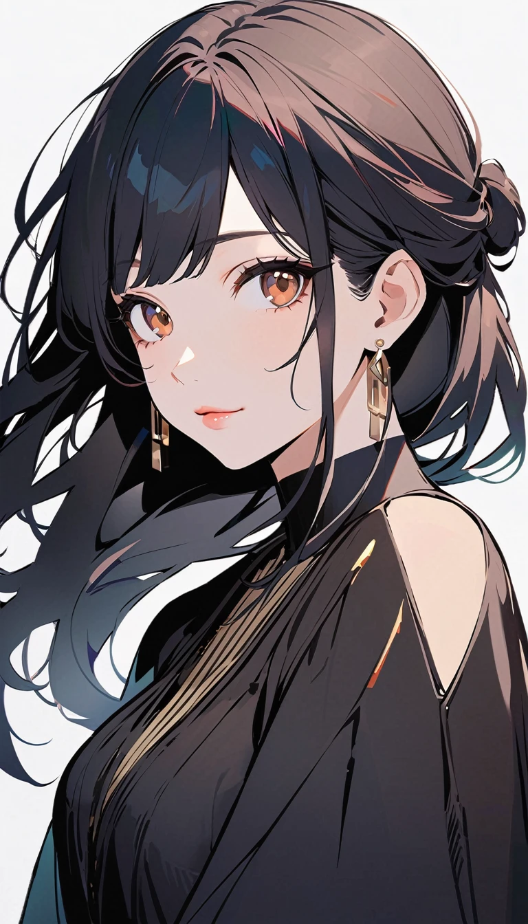 flat Design, 1girl, solo, half updo, black hair, brown eyes, wearing a simple black dress, sleeveless, looking at viewer, light pink lips, upper body, smile, closed mouth, shirt, earrings, white background