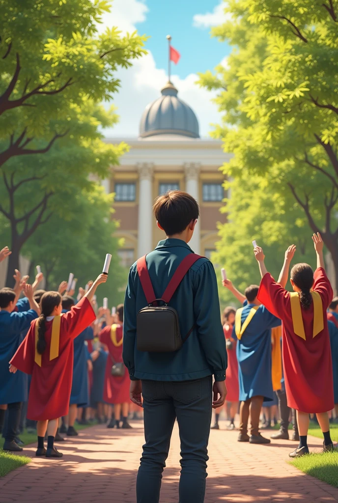 Stupid boy alone and looking students happy with degree