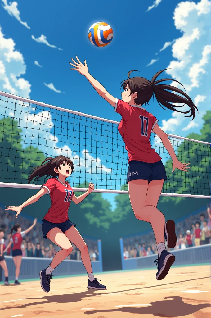 Anime girl playing volleyball jumping for an attack and a libero was about to fall to save the ball with  girls
