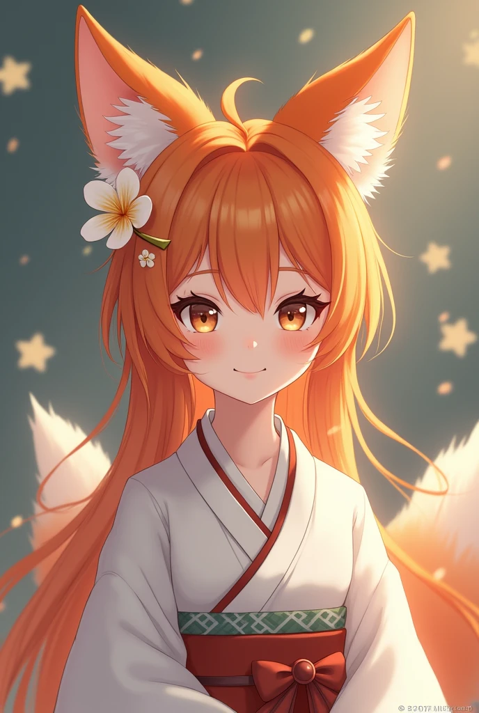 masterpiece, Best Quality, Very detailed, 1 girl, Alone, (:3:0.9), animal ear fluff, animal ears, Orange hair, spongy fur, blush, Brown eyes, flower, fox ears, fox girl, gradient, gradient background, hair flower, hair ornament, Korean clothes,, looking at the viewer, Miko, smile, Alone, white kimono, beautiful lighting