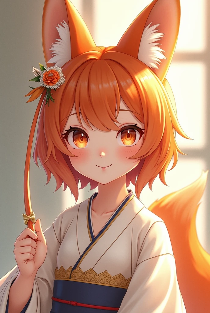 masterpiece, Best Quality, Very detailed, 1 girl, Alone, (:3:0.9), animal ear fluff, animal ears, Orange hair, spongy fur, blush, Brown eyes, flower, fox ears, fox girl, gradient, gradient background, hair flower, hair ornament, Korean clothes,, looking at the viewer, Miko, smile, Alone, white kimono, beautiful lighting