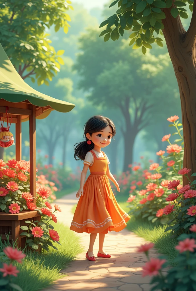 A girl sells handmade paper flowers in the park,