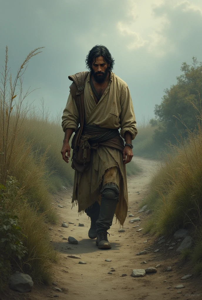 PRODIGAL SON WALKING ON A CROOKED PATH,with torn and dirty clothes,heading home