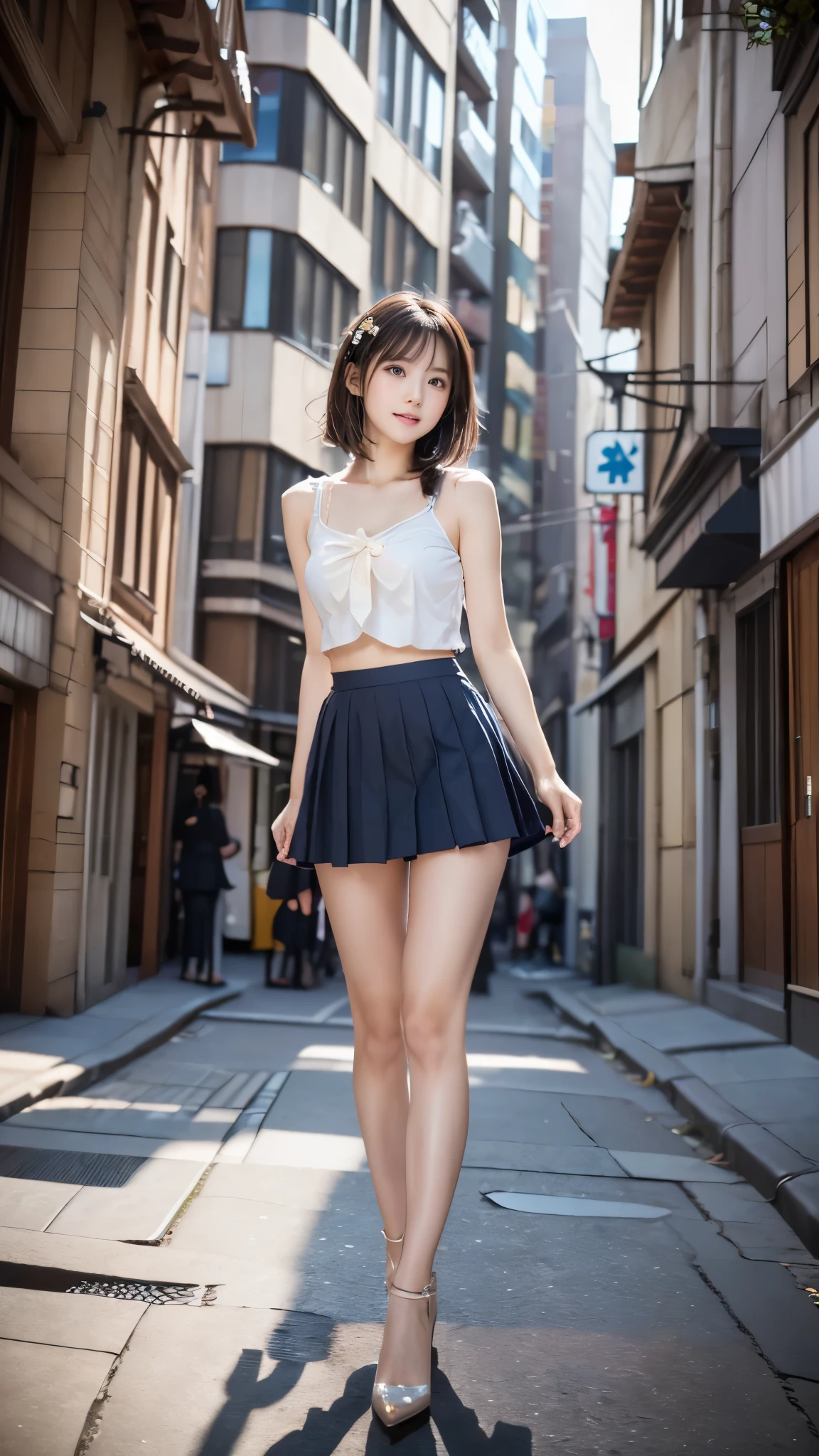 (((A pure and cute beautiful girl stands in a futuristic city:1.2))), (Strong winds cause the skirt to roll up:1.4), (((Cute underwear is visible:1.2))), Beautiful straight hair, Short brown hair, Immersion, (Beautiful symmetrical eyes), (Thin thighs:1.2, Beautiful feet:1.2), Slender body line, ((Tight waist:1.2)), (Japanese Idols, Baby Face, high school girl, teenage), (Perfect Anatomy:1.3), Beautiful breasts, Beautiful buttocks, (Highest quality、Highest quality、Masterpiece、Ultra high definition、Reality:1.37), (Detailed eyes and face:1.3、Professional photography techniques)、(Detailed hands:1.1、The right move:1.1)、((Hair and skirt fluttering in the wind:1.3)), (((Cute tops and mini skirts))), ((Futuristic fashion))