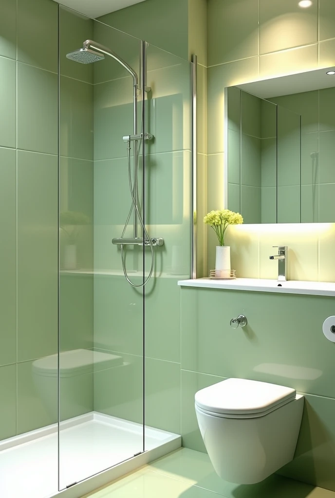 The bathroom exudes a serene elegance with its light olive green tiles, which provide a soothing backdrop. The walls, adorned with the same soft green, enhance the room's tranquility. A sleek glass shower chamber reflects the natural light, creating a sense of openness. The sink, complemented by a square mirror above it, adds a modern touch, while a neatly positioned toilet in the corner ensures functionality without disrupting the space’s calm aesthetic.