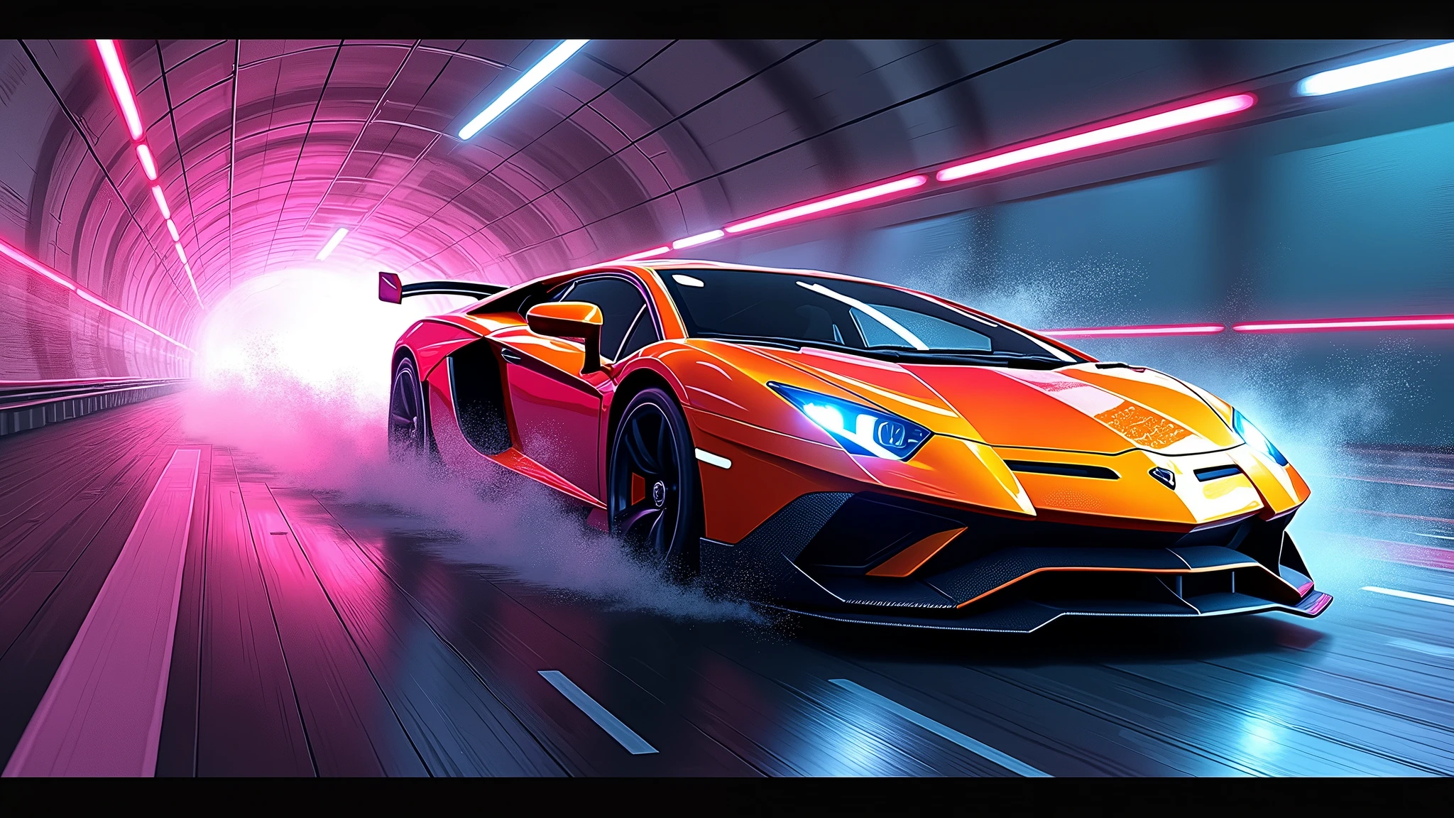 splatter art of a lamborghini aventador running in a tunnel at night, speed, motion, neon lights, atey ghailan, alena aemani, jeremy mann    photo, cinematic, vibrant