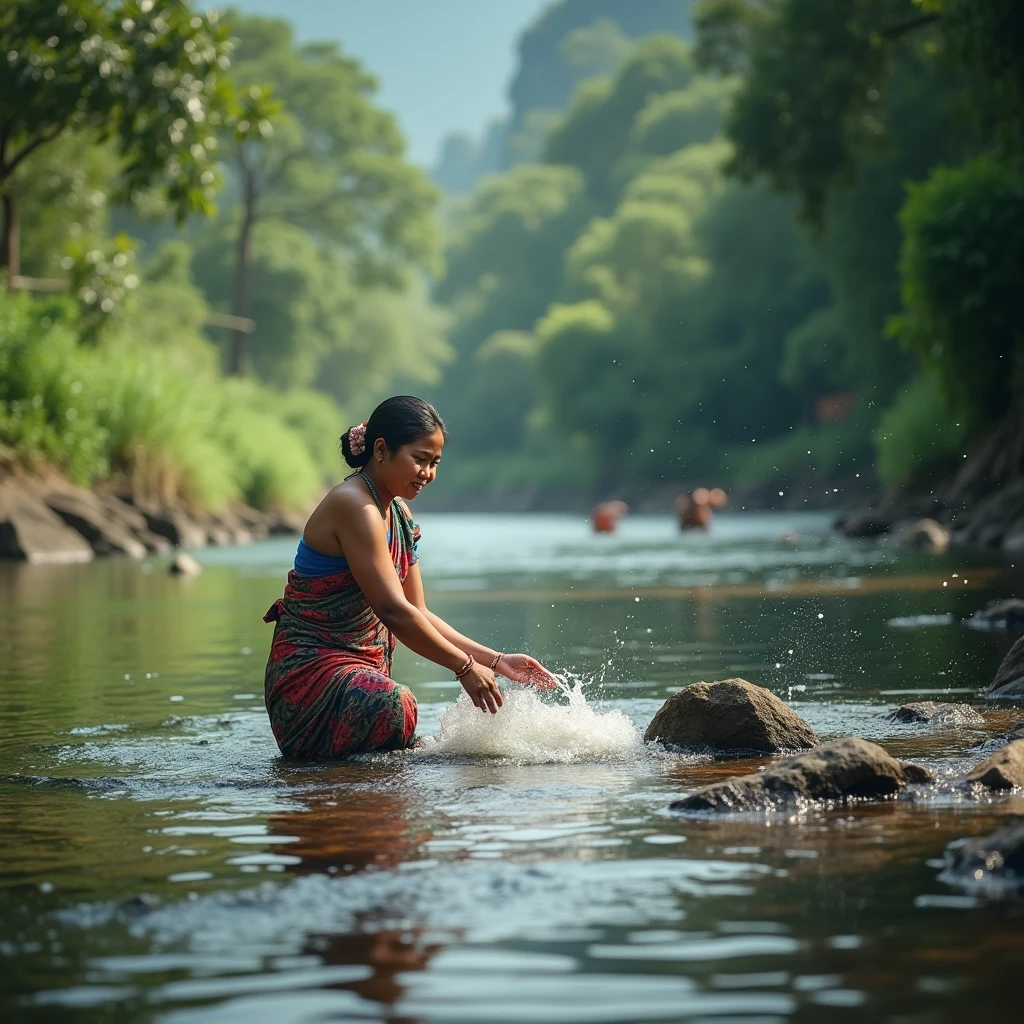 photography of a beautiful 1 Indonesian woman washing clothes in the river. photo