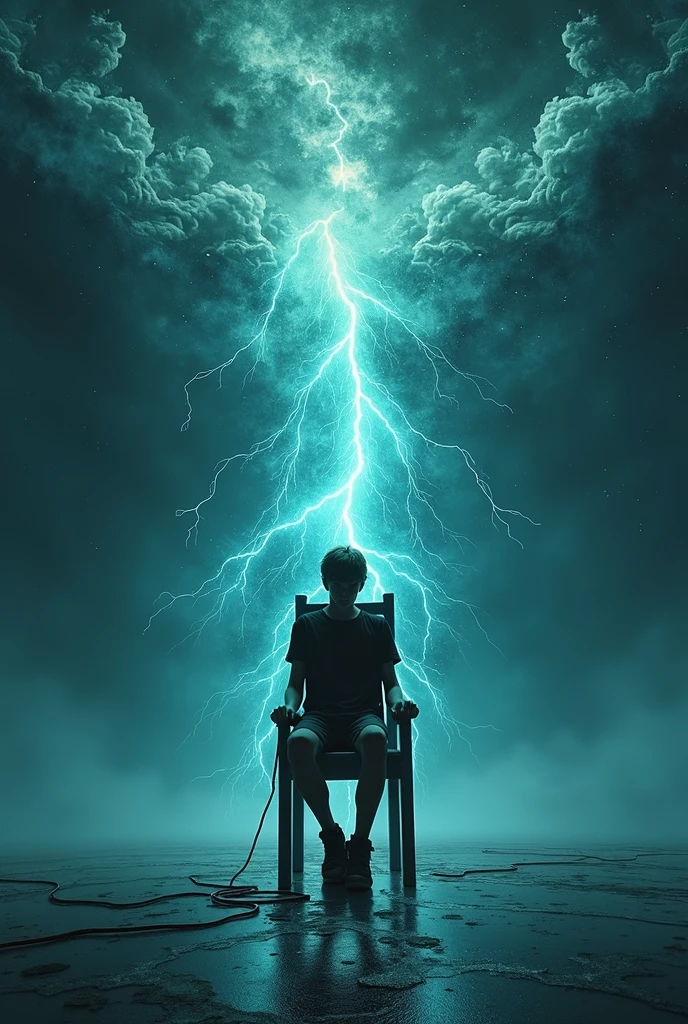 mythological shapeshifting Dark galaxy Thunders and dark galaxy like background and a a age boy dressed as a emo boy whose face is casted by a shadow is sitting on a death chair facing backwards getting electrocuted in a dark galaxy background, the ground is plain plain reflecting the thunders and clouds, author:Zdzislaw Beksinski和Van Gogh, album covers, dark, surrealism, Futuristic , Heavy Metal, liquid, coral, abstracted, Dark, Blue, Cyan, Green, Dark, faded, landscape