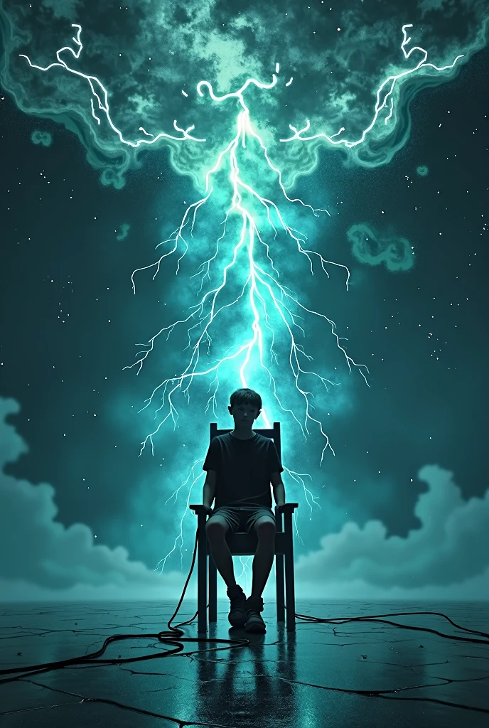 mythological shapeshifting Dark galaxy Thunders and dark galaxy like background and a a age boy dressed as a emo boy whose face is casted by a shadow is sitting on a death chair facing backwards getting electrocuted in a dark galaxy background, the ground is plain plain reflecting the thunders and clouds, author:Zdzislaw Beksinski和Van Gogh, album covers, dark, surrealism, Futuristic , Heavy Metal, liquid, coral, abstracted, Dark, Blue, Cyan, Green, Dark, faded, landscape