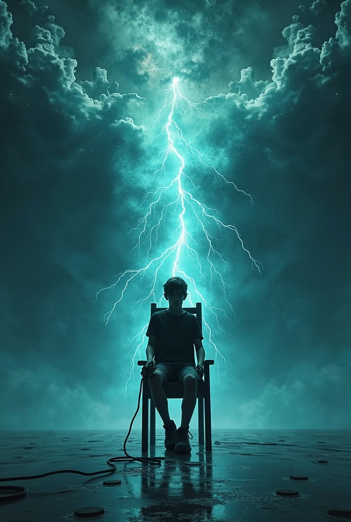mythological shapeshifting Dark galaxy Thunders and dark galaxy like background and a a teenage boy dressed as a emo boy whose face is casted by a shadow is sitting on a death chair facing backwards getting electrocuted in a dark galaxy background, the ground is plain plain reflecting the thunders and clouds, author：Zdzislaw Beksinski和Van Gogh, album covers, dark, surrealism, Futuristic , Heavy Metal, liquid, coral, abstracted, Dark, Blue, Cyan, Green, Dark, faded, landscape