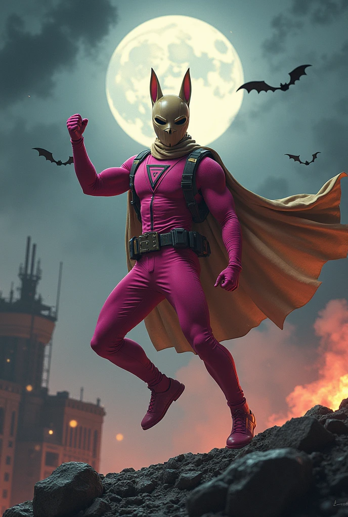 Malaysia man in high-tech suit, vivid effects, malaysian superhero(( (KELUANG MAN)) in a striking pink and brown beige costume cyberpunk design((, mask small mini bat ear beige,)) daredevil beige mask, jumpsuit dark pink stands confidently in a dramatic.jumping from high place.hero costume.one hand rise up. (Big triangle logo on the chest.high detail Punisher logo on the chest)). jumping from hight place. Fighting pose , stormy landscape. ((Head covered node guard like batman. Running pose , athletic body type, small mini ear bat mask))The character wears domino mask a helmet with pointed mini torn ears and a flowing cape biege, open nose and mouth. Equipped with visible futuristic weapons on a belt,bullet proof jacket pink dark day.show fingers pose, dark night, big supermoon effect . Small logo on chest triangle shape small ((mitch gerads punisher ))logo center triangle cyber logo center on chest pink logo mini logo Casey Jones mask on the logo on chest. )). rocky. Building top.smoke ground , bomb effect background, losse pants, losses costume.adding to --ar 3:4 --style raw --stylize 500 --v 6.1. chaos. Lot of small flying bat. One leg on the high stone. Man. Backpack . Real man age 40 year old. One hand holding belt. Jump from high place. Open cape.
