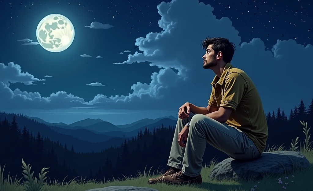 A alone guy sitting and see the moon at night 