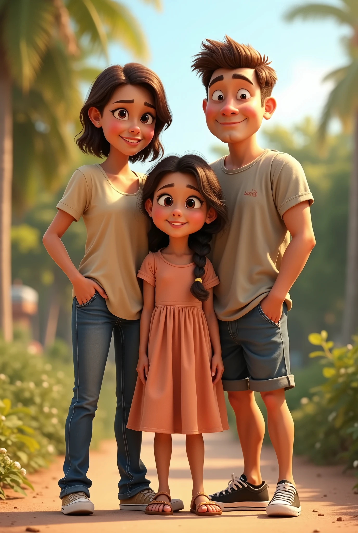 family:
(character 1) madre short brown hair, with shirt and jeans.
(character 2) adult man,short brown hair, with jeans and sneakers.
(character 3) adult man, black fur, with shorts and sneakers.
(character 4) girl, long hair with braid, with dress and sandals all together pixar style